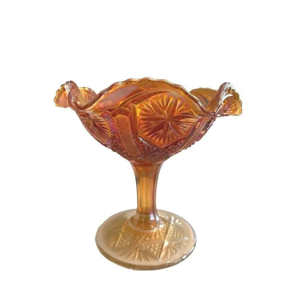 Vtg Orange Carnival Glass Pedestal Candy Dish Compote Rainbow Fluted Edges Amber